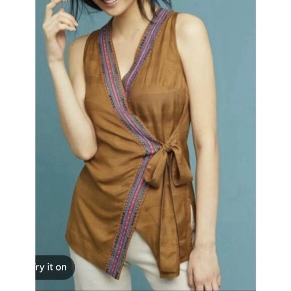 Maeve Tops - Maeve Anthropologie Liviana Sleeveless Wrap Tunic Embroidered Camel Brown Medium